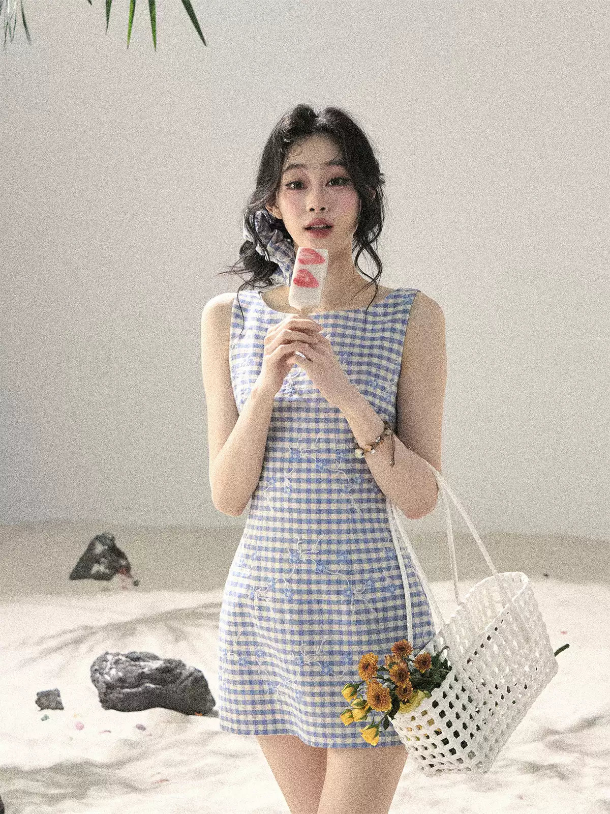 "Sea Breeze Reverie" Sky Blue Embroidered Plaid Mini Dress (With Matching Scrunchie)