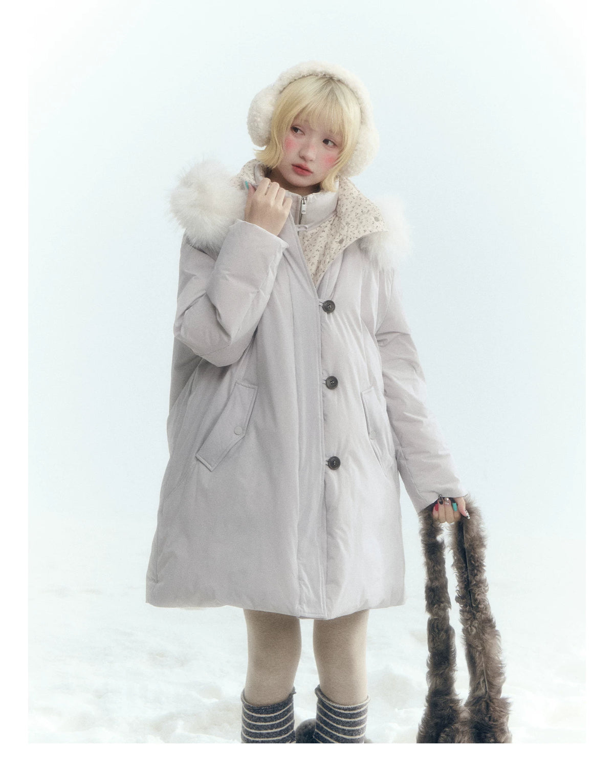 Horridale - Snow-Dusted Floral 90% White Duck Down Puffer Jacket (Light Peach Pink / Silver Gray)