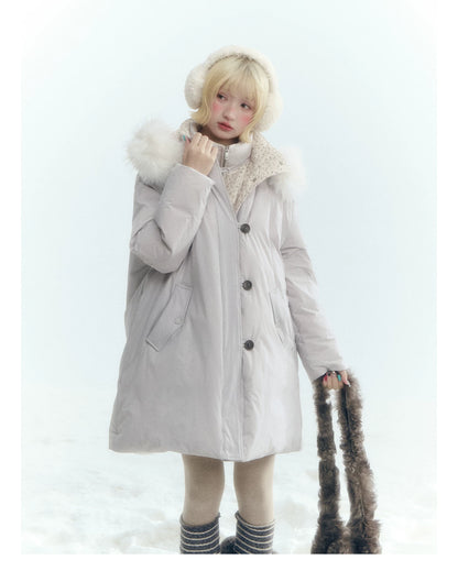 Horridale - Snow-Dusted Floral 90% White Duck Down Puffer Jacket (Light Peach Pink / Silver Gray)