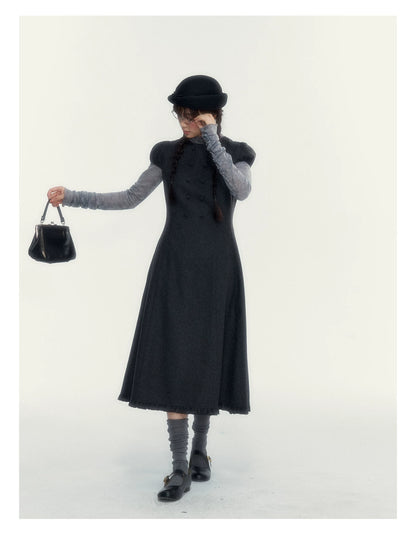 Vintage Double-Breasted Wool Dress & Knit Fringe Cape Set