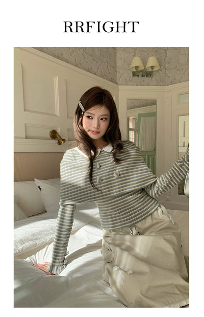 “Misty Sonata” Grey Layered Stripe Knit Top