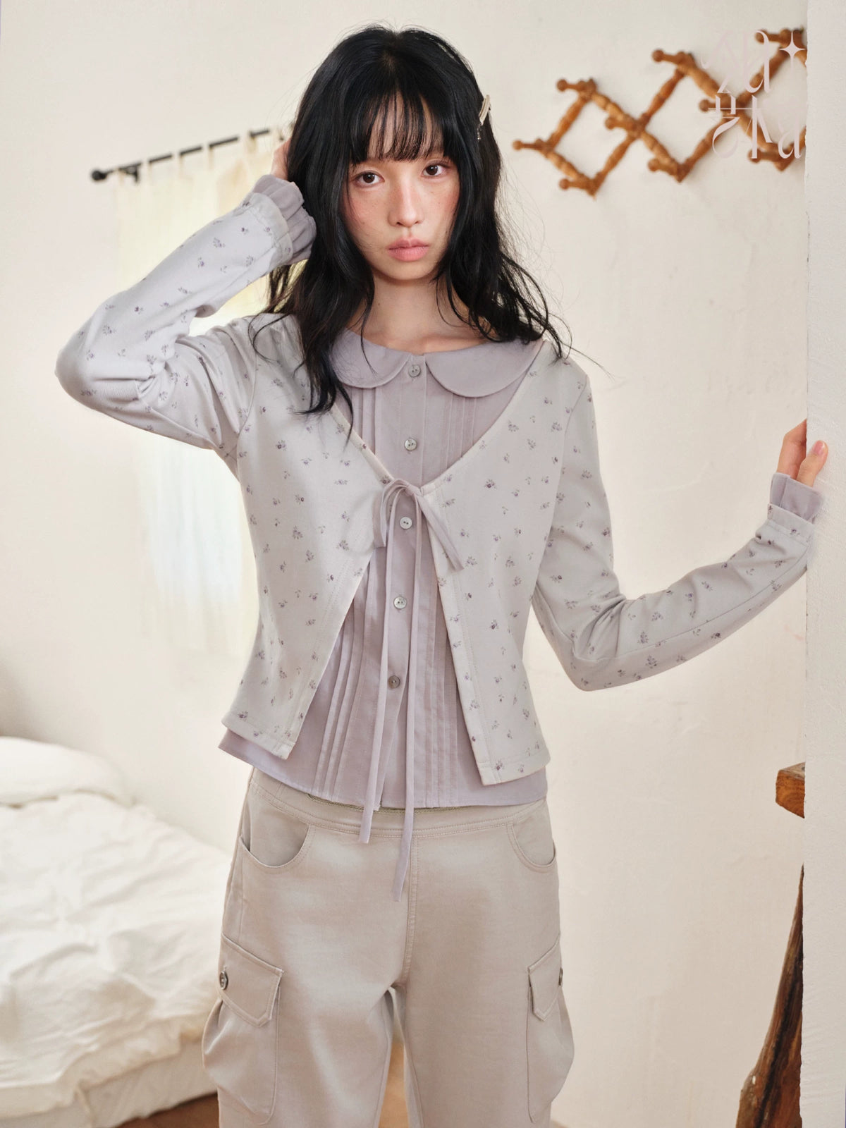 DAILY ARTIST - Purple Floral Faux-Layered Doll-Collar Knit Cardigan