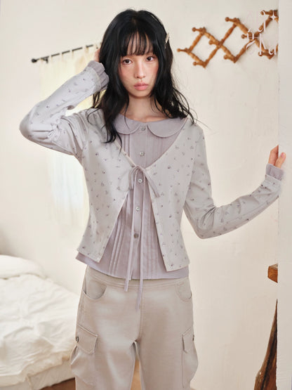 DAILY ARTIST - Purple Floral Faux-Layered Doll-Collar Knit Cardigan