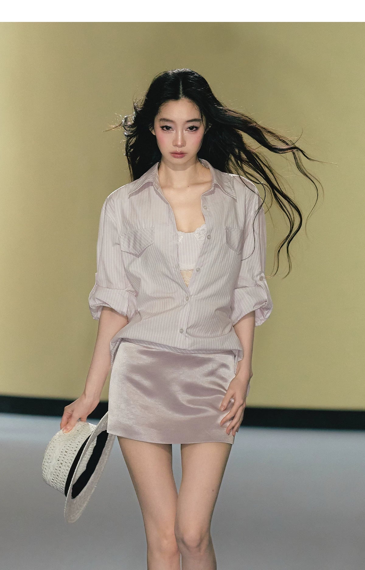 "Rosé Study Session" Pink Stripe Shirt, Lace Corset Cami & Champagne Skort Set