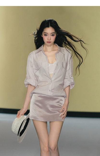 "Rosé Study Session" Pink Stripe Shirt, Lace Corset Cami & Champagne Skort Set