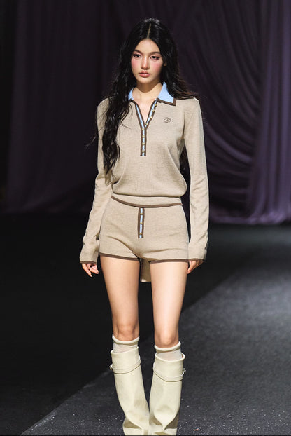 Contrast Gold Button Ribbon Polo Knit Top & Heart Pocket Shorts Set