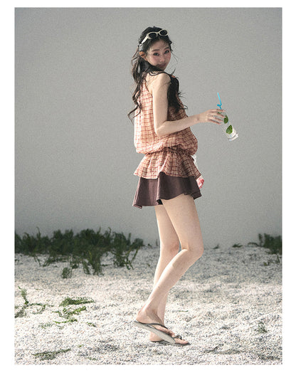 “Maple Whisper” Rust Red Halter Plaid Slim Tee