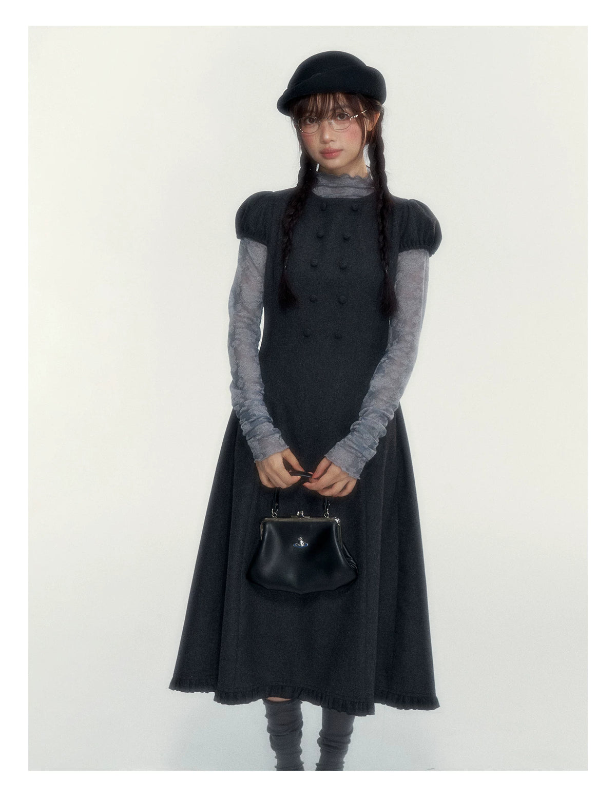 Vintage Double-Breasted Wool Dress & Knit Fringe Cape Set