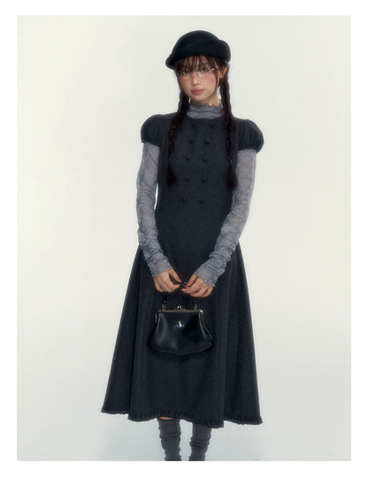Vintage Double-Breasted Wool Dress & Knit Fringe Cape Set
