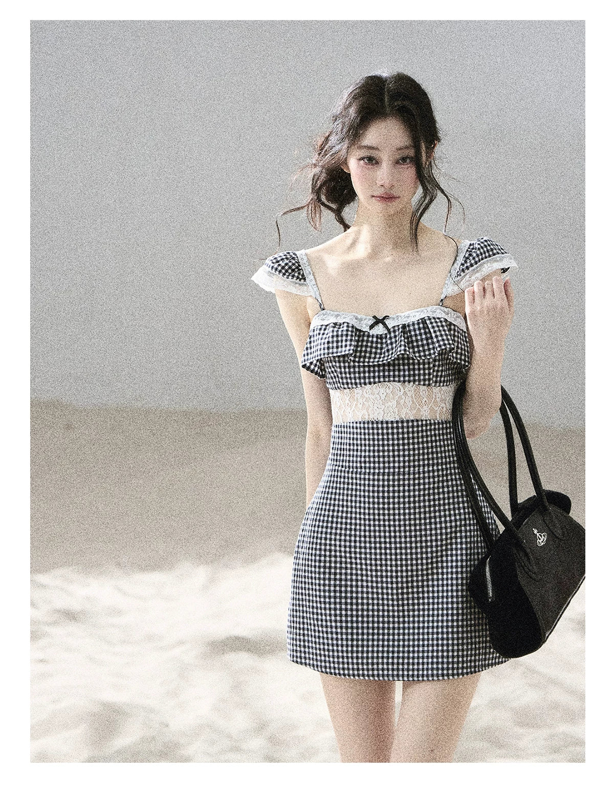 "Her in the Old Film" French Lace Plaid A-Line Mini Dress