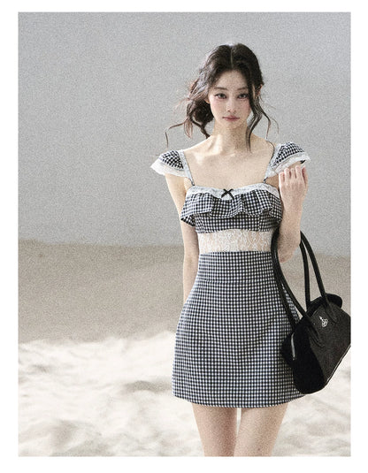 "Her in the Old Film" French Lace Plaid A-Line Mini Dress