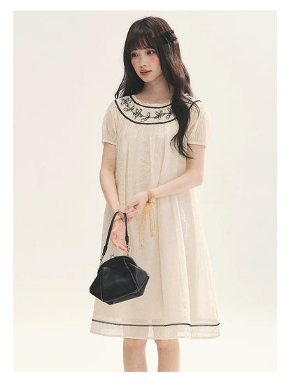 "Midnight Princess" Yellow Flower Rope Embroidered Babydoll Midi Dress
