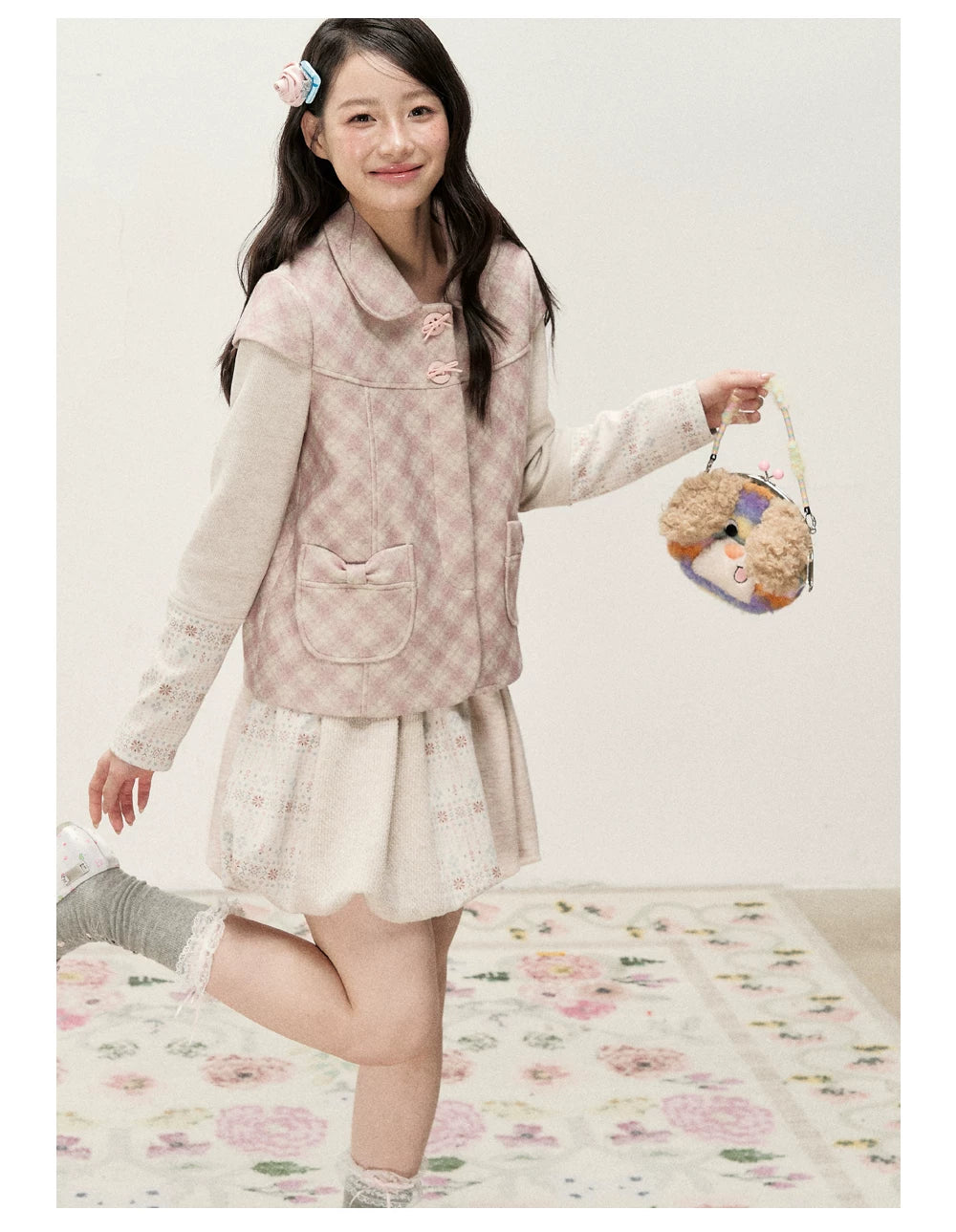 [RF] Pink Gingham Wool Blend Cropped Coat with Peter Pan Collar