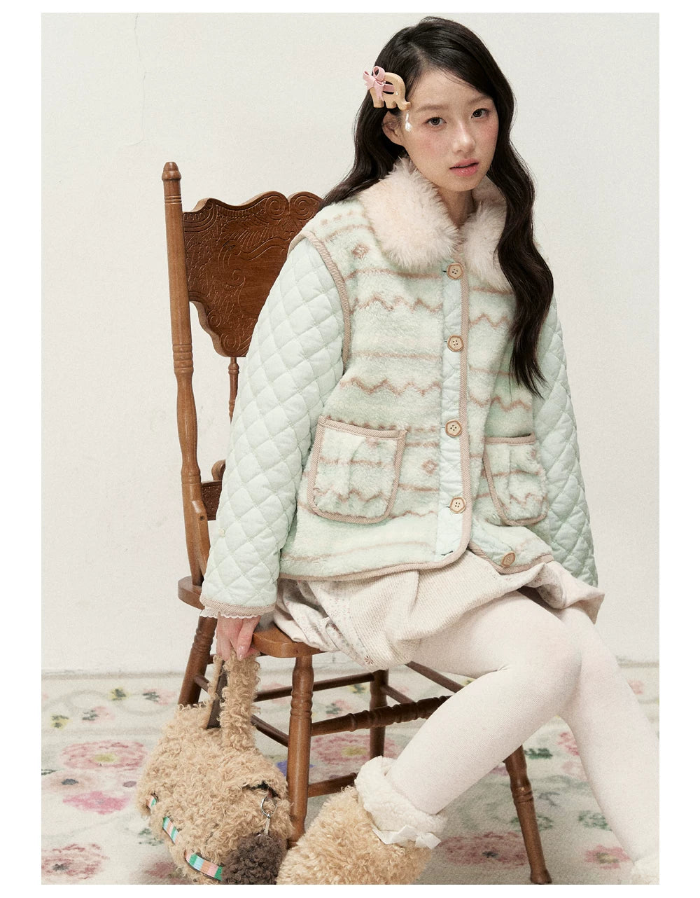 RF - Mint Green and Light Brown Fair Isle Quilted Faux Fur Vest Jacket