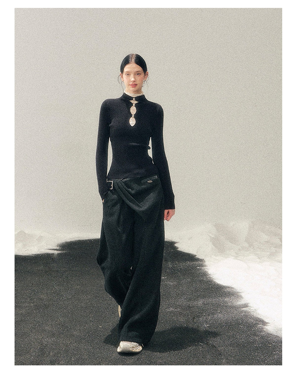 040126 "Lacewoven Dream" Mock Neck Layered Lace Knit Top - Obsidian Black