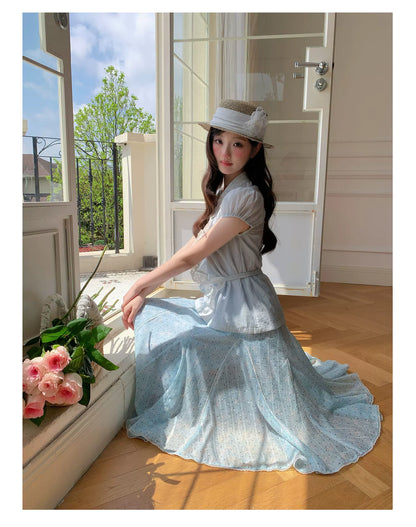 “Blue Berry Stardust” Blue Floral Polka Dot Skirt