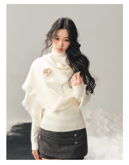 少也眼 "Speechless Under the Full Moon" Camellia White French Turtleneck Knit & Shawl Set