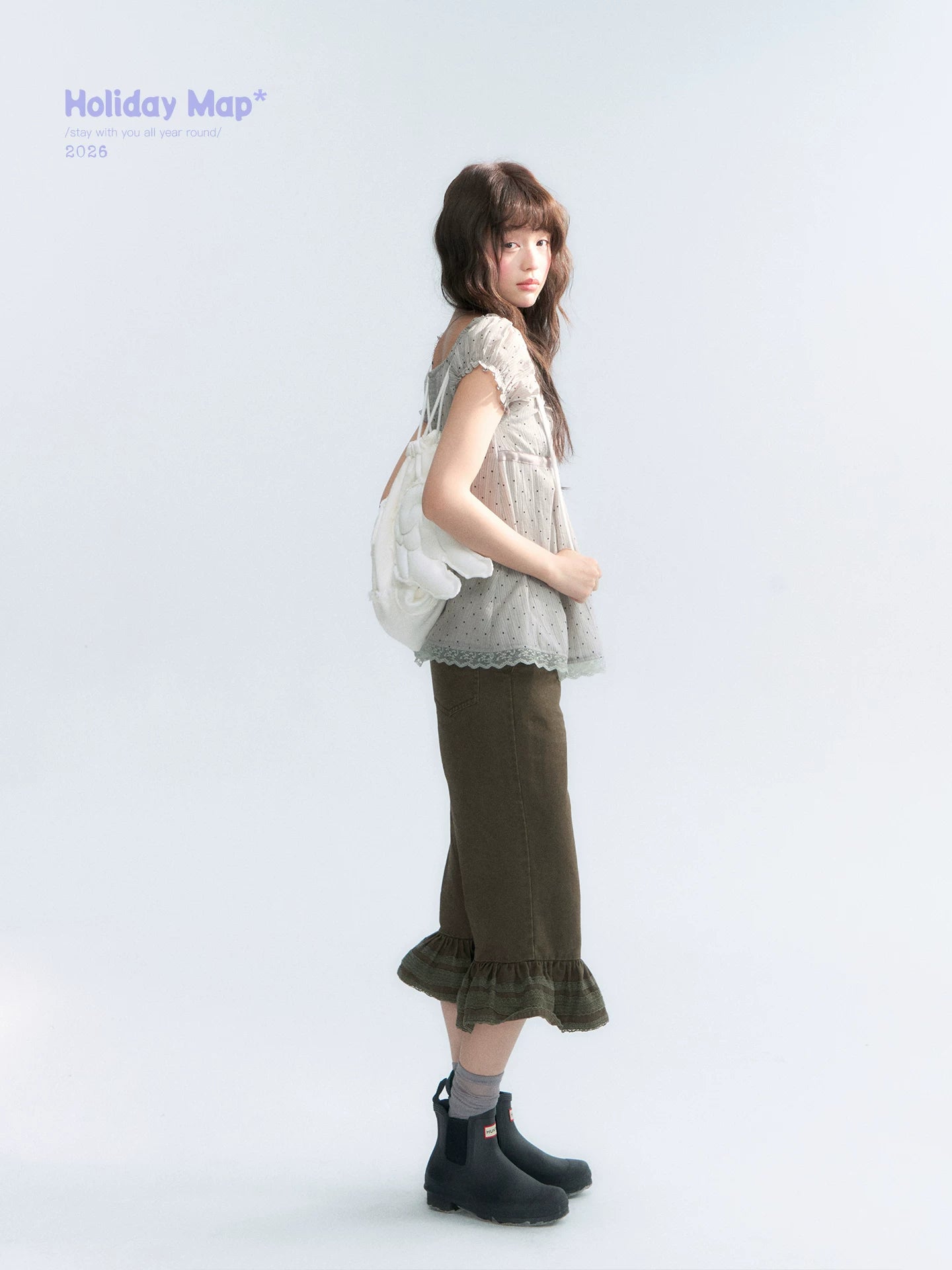 "Polka Dot Constellation" Gray Polka Dot Square Neck Puff Sleeve Top