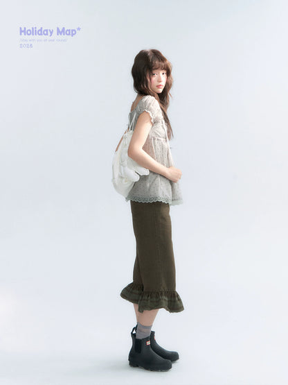 "Polka Dot Constellation" Gray Polka Dot Square Neck Puff Sleeve Top