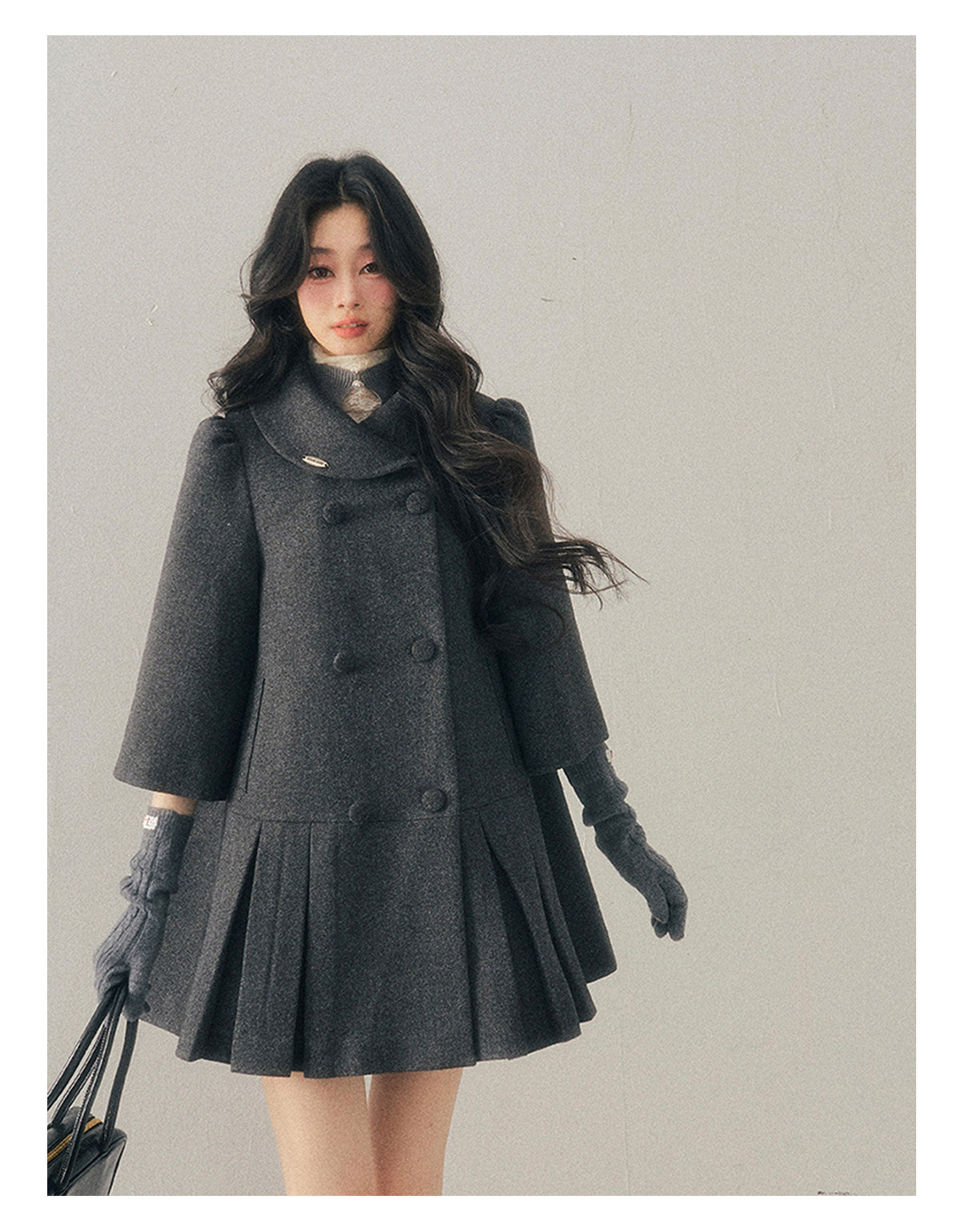 少也眼 "Luxembourg Heiress" Deep Rock Gray Preppy Wool-Blend Mid-Length Coat