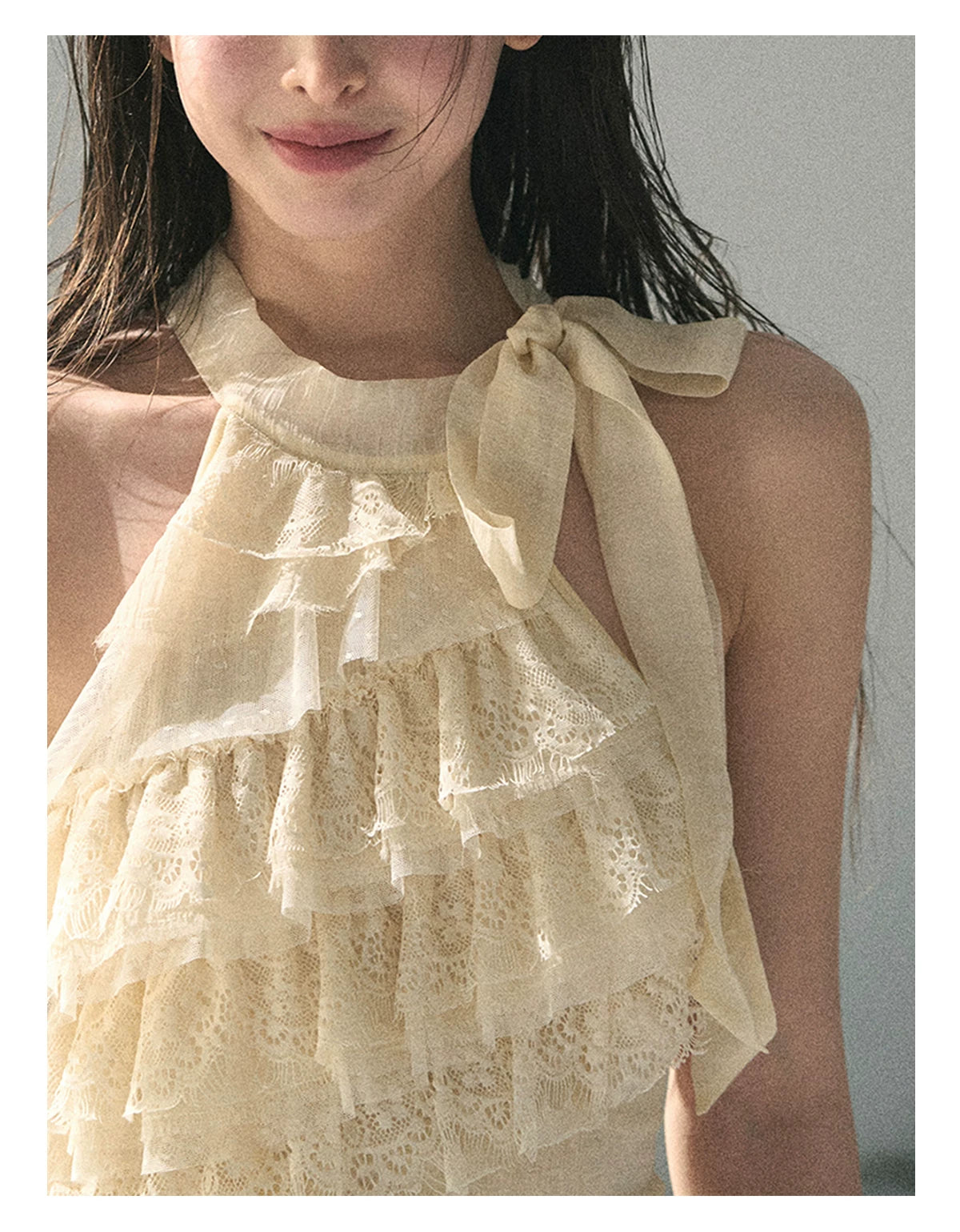 “Spring Traces in Tulle” Pale Butter Lace Halter Top