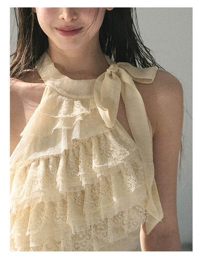 “Spring Traces in Tulle” Pale Butter Lace Halter Top