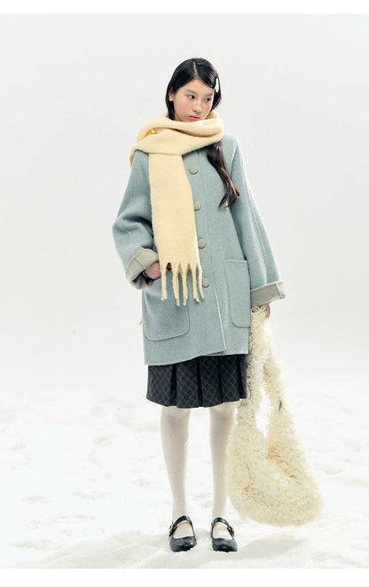 "Double Winter Embrace" Blue & Gray Reversible Wool-Blend Cape Coat