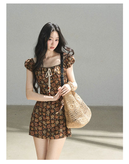 "Wildflowers & Freedom" Mocha Mousse Floral Puff Sleeve Mini Dress