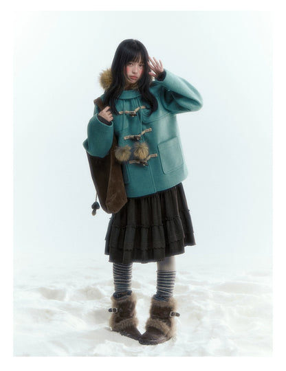 Horridale - Preppy Hooded Wool-Blend Duffle Coat with Pom-Pom Details – Blue Green