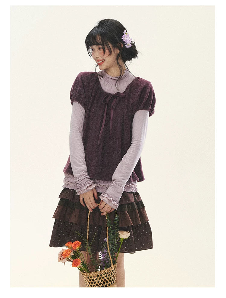 "Violet Journal" Grape Purple Bow Lace Short Sleeve Knit Top