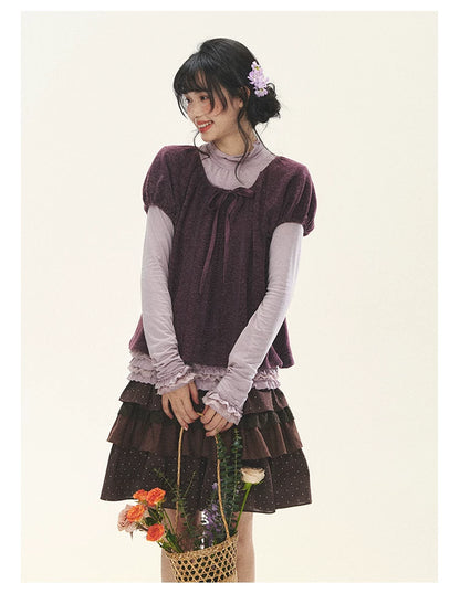 "Violet Journal" Grape Purple Bow Lace Short Sleeve Knit Top