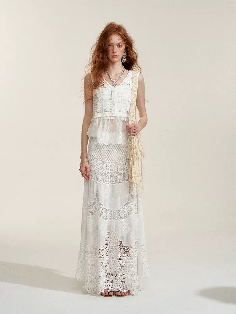 White Floral Embroidery Crochet-Detail Blouse