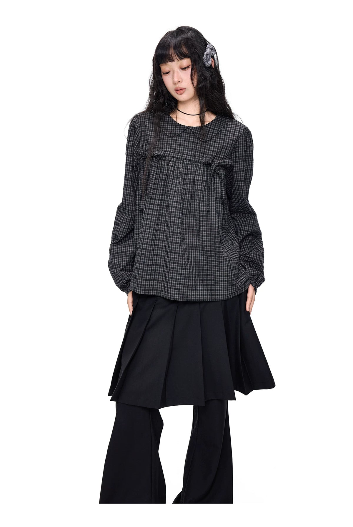 EZEK | Peter Pan Collar Gingham Shirt with Bubble Sleeves