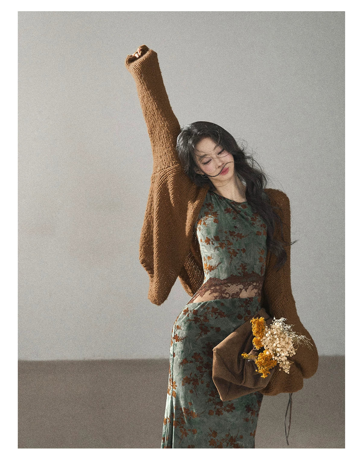 AOMALM - Caramel Brown Openwork Knit Cardigan