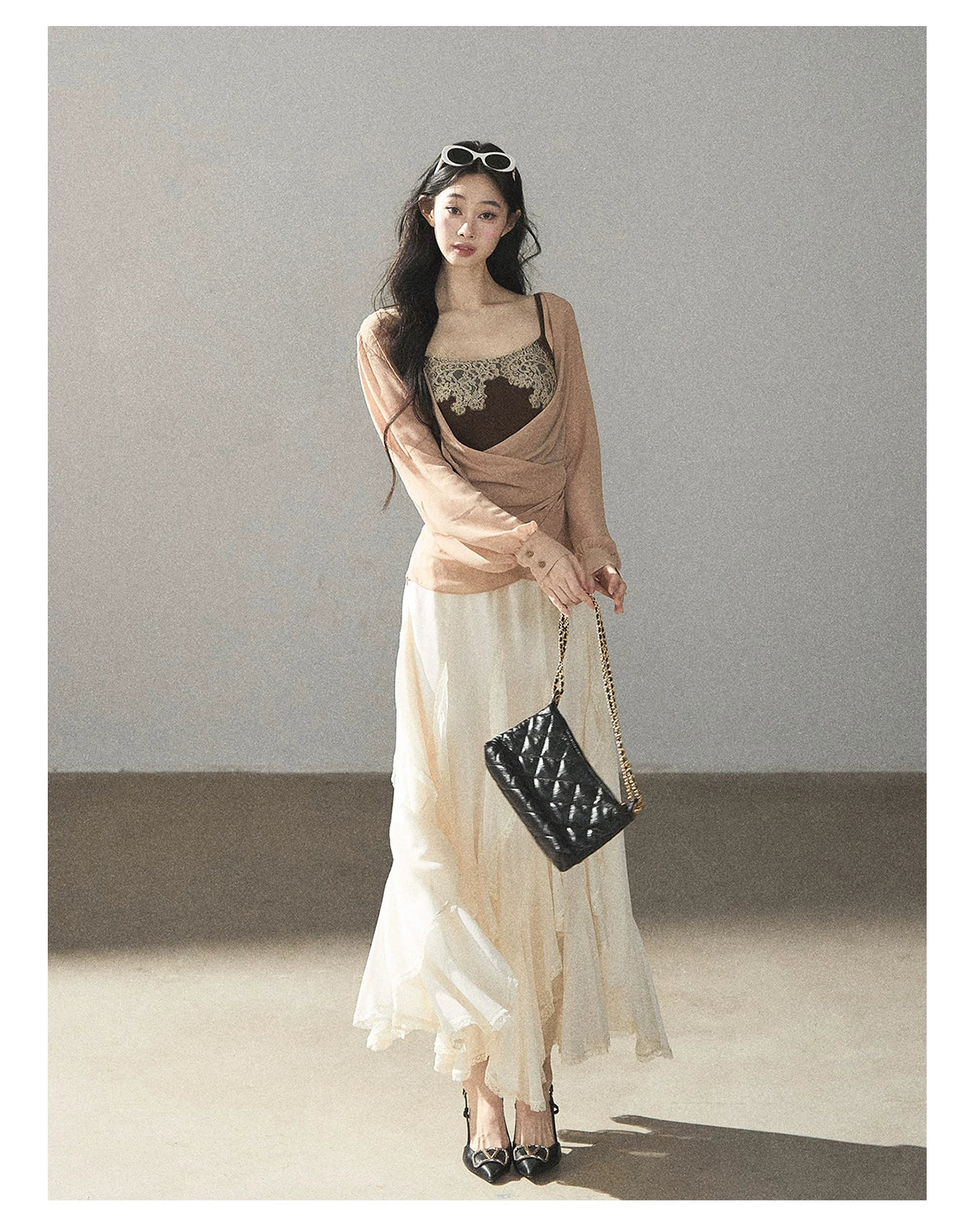 AOMALM - Cloud-Shaped French Lace Ruffle Midi Skirt – Elegant Autumn Maxi
