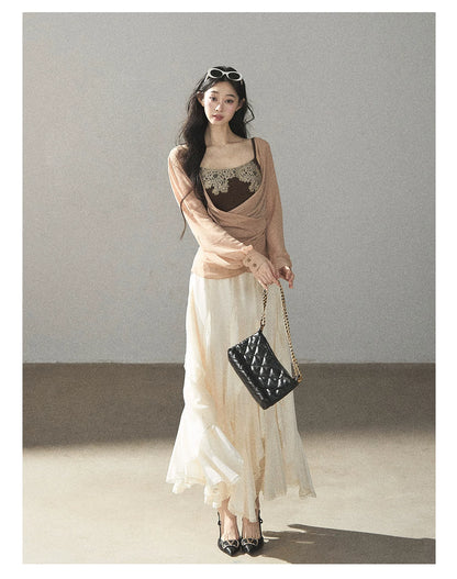 AOMALM - Cinnamon Blush Ruched Wrap Chiffon Top with Lace Cami Set