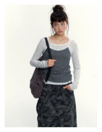 “Early Gray” Light Gray Striped Lace-Trimmed Fitted Long-Sleeve Top