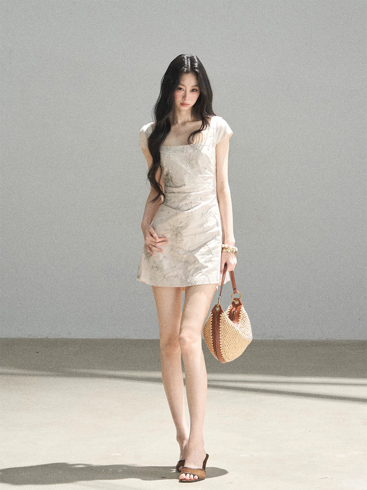 "Summer in Slow Motion" Mother-of-Pearl Star Beaded Fit & Flare Mini Dress