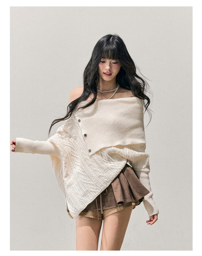少也眼 “Letter from the Snow Country” Off-Shoulder Asymmetric Cable-Knit Sweater 1464854