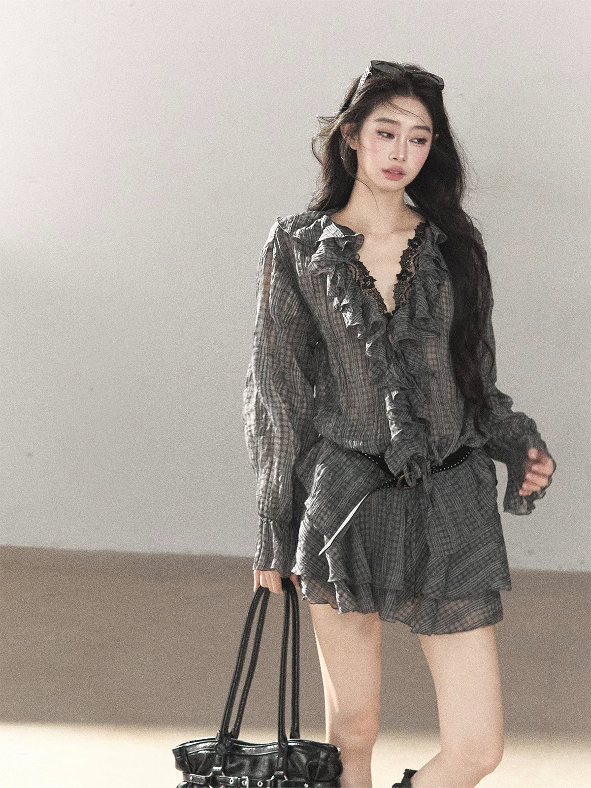 AOMALM - "Gray Check & Wild Wind" Ruffle Top & Mini Skirt Set (With Belt)
