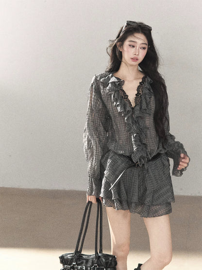 AOMALM - "Gray Check & Wild Wind" Ruffle Top & Mini Skirt Set (With Belt)