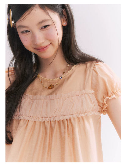 “Orange Soda” Seashell Orange Mesh Panel Puff Sleeve Top