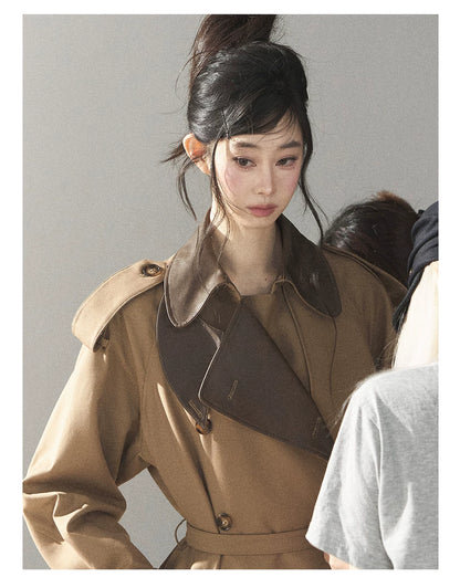 AOMALM - Chestnut Brown Long A-Line Trench Coat with Belt