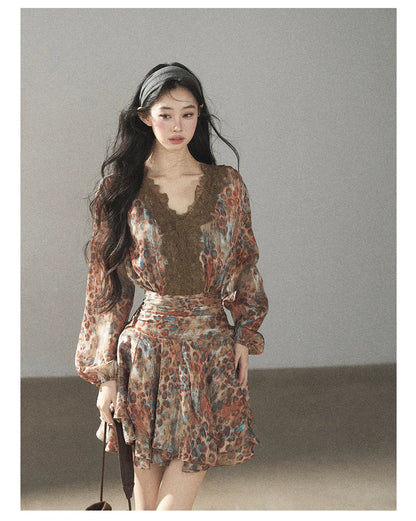 AOMALM - “Whispers of Withered Branches” Rich Cocoa French Lace Chiffon Mini Dress with Tights