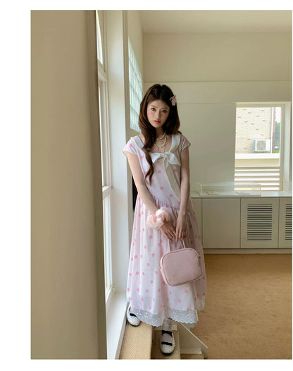 [RF] “Polka Dot Pudding” Soft Mist Pink Bow Lace-Trimmed Dress