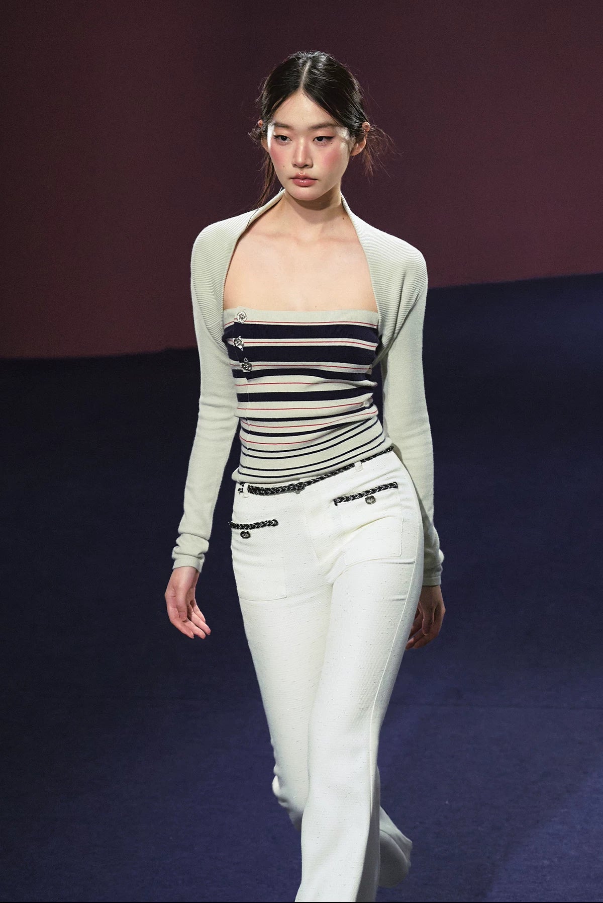 Vintage Stripe Contrast Knit Cami & Cropped Cardigan Set (Light Gray/ Black Blue)
