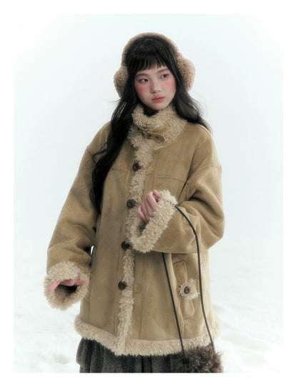 Horridale - Vintage Tan Suede-Effect Sherpa-Lined Stand Collar Jacket