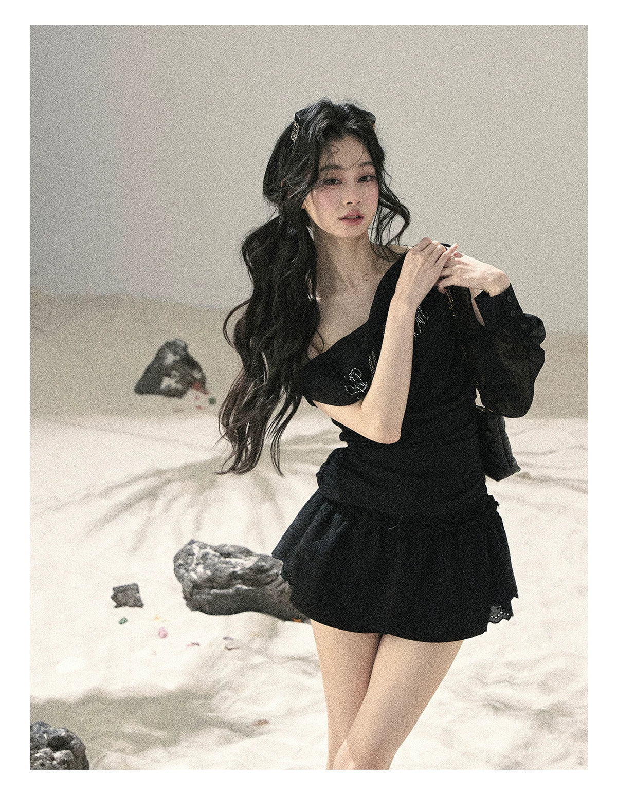 "Scattered Starlight" Midnight Black Off-Shoulder Mesh Waist-Cinched Top