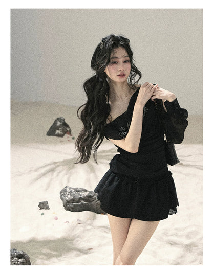 "Scattered Starlight" Midnight Black Off-Shoulder Mesh Waist-Cinched Top