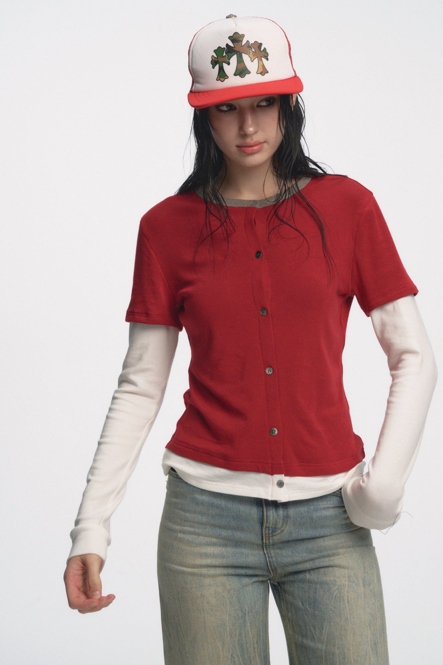 Muirgen - Christmas Contrast Faux Layer Stretch Top